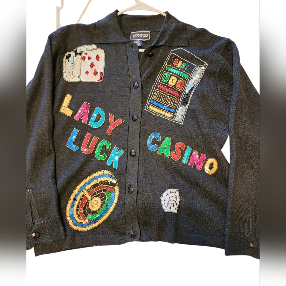 Terazzo Lady Luck Casino Sequin Cardigan XL Vegas Slots Statement Sweater